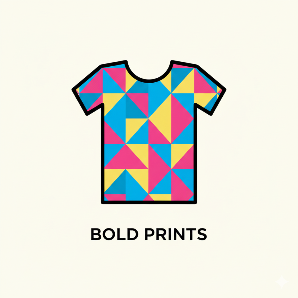 Colorful geometric patterned t-shirt design on a beige background with 'BOLD PRINTS' text.