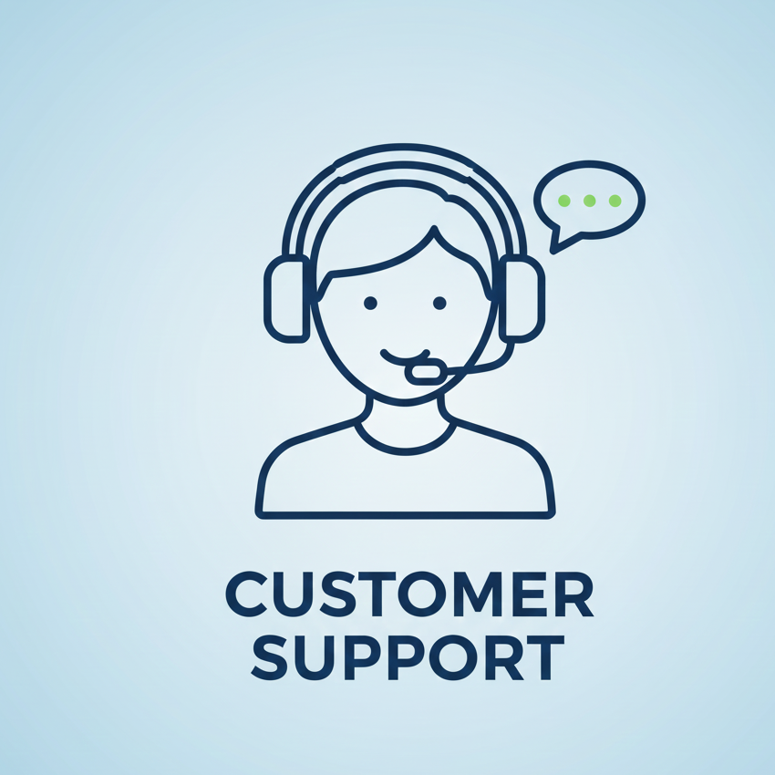 Outline of a person wearing a headset with a speech bubble, labeled 'Customer Support' on a light blue background.